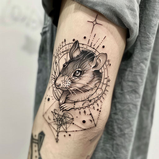 Elegant sketch of a rat with celestial motifs in silver and midnight blue