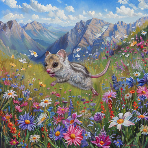 Playful mountain pygmy bouncing in alpine wildflower field