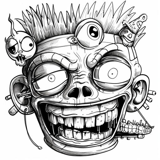 Playful cartoon mask with animated characters, Butch Hartman style, coloring book page