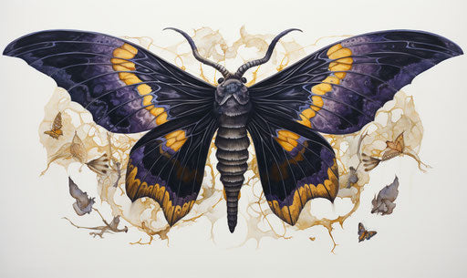 Black moth with purple and yellow wings