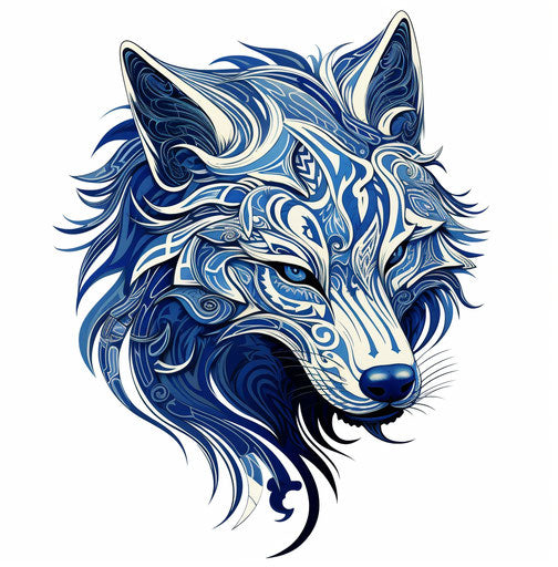 Howling wolf with round blue lines on white background