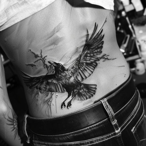 Lower back tattoo of a raven, Adrian Smith style