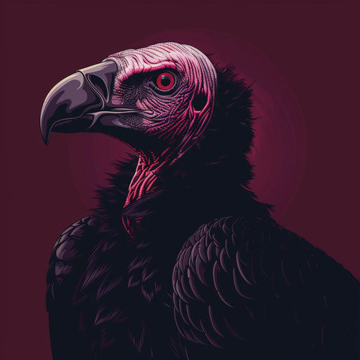 Flat background in deep maroon with vulture clipart in a photo-realistic depiction, enhanced with dynamic shadows and bright highlights