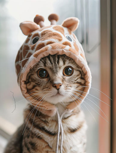 Cat with giraffe hat, fish-eye ring, soft colors