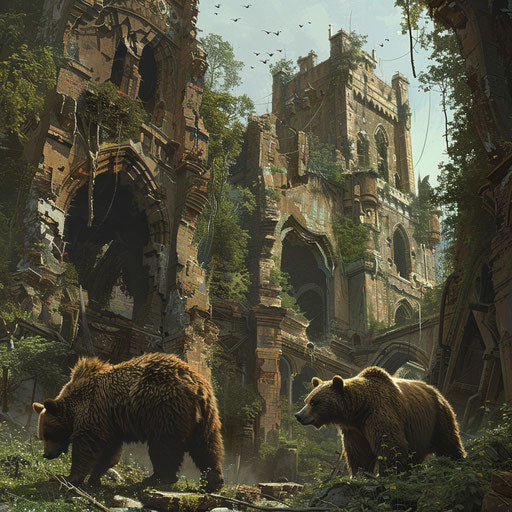 Adventure of bears exploring an abandoned castle