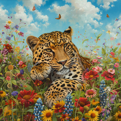 Peaceful Amur leopard in a field of wildflowers