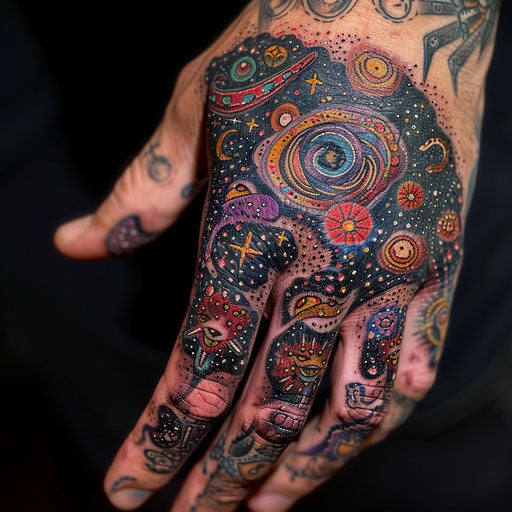 Finger tattoo with cosmic and celestial themes