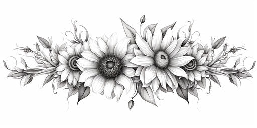 Black sunflower frame, custom twill, detailed graphite sketches style, tattoo 2:1