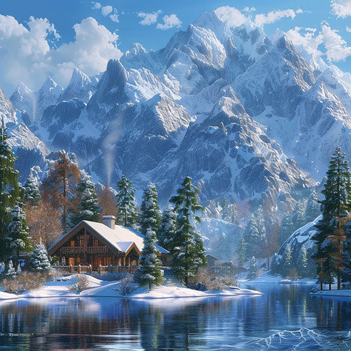 Snow capped mountain range with lake and alpine lodges