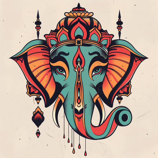 Beautiful flat tattoo sketch of Ganesha, vibrant colors, minimalist design