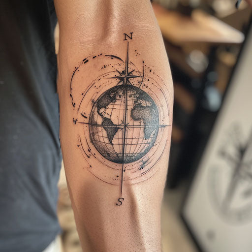 Stylized black and gray globe and compass tattoo