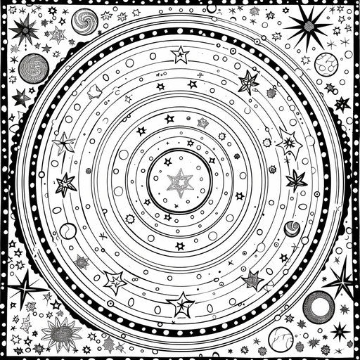 Concentric circles filled with stars and moons