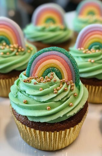 St. Patrick's Day cupcakes with green frosting and rainbow candy accents