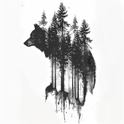 Wolf tattoo in forest on white background