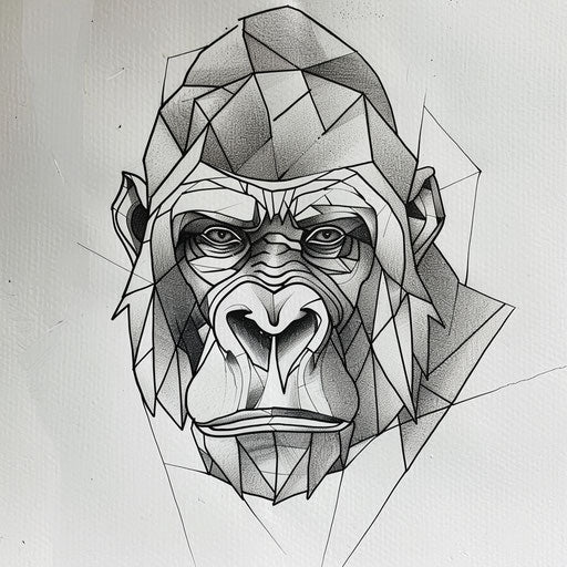 Minimalist geometric gorilla head tattoo design in bold black lines on white canvas