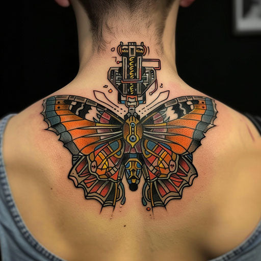 Butterfly neck tattoo with cyberpunk motifs, Adrian Smith style