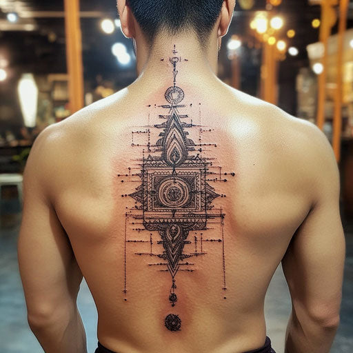 Sak yant tattoo with protective five-line Yantra and sacred text