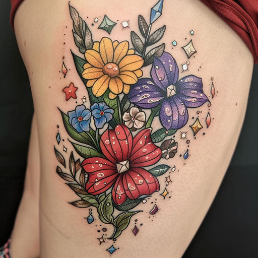 Wildflower tattoo with gemstones, colorful blooms, mystical touch