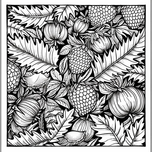 Detailed pattern of leaves, acorns, and pinecones