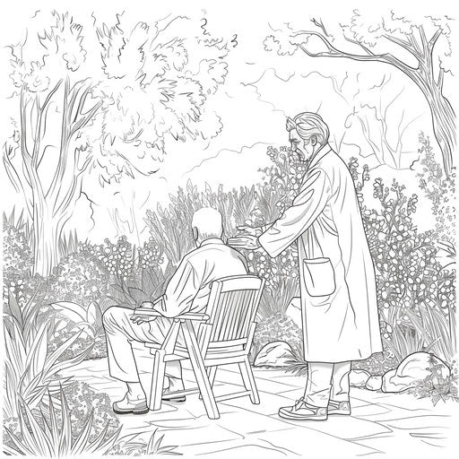 Serene scene of a doctor comforting a patient in a garden. Coloring book page