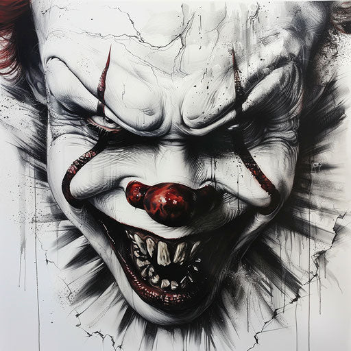Sinister clown face with sharp teeth, horror tattoo on white canvas