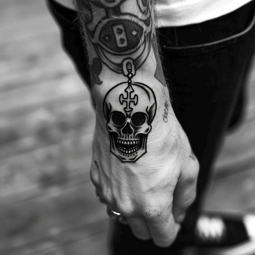 Men's wrist tattoos with a traditional skull