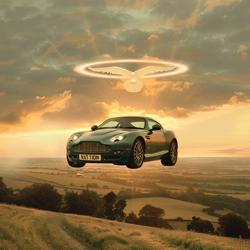 Aston Martin DB7 Zagato with angel wings and halo, flying above a serene landscape