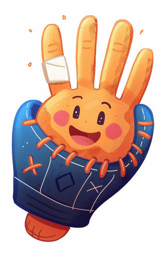 Cute cartoon hand with blue baseball glove and white bandaid, smiling and making shapes