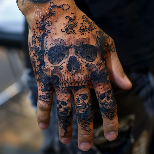 Hand tattoo for men with gothic skulls and flames