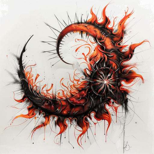 Dynamic tattoo sketch of a sunburst and crescent moon, intense colors, dramatic design