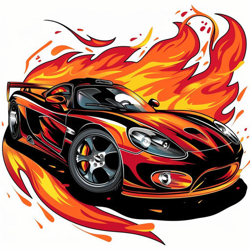 Dynamic sketch of sports car with red and orange flames