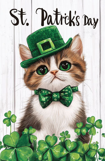 Cute cat with green hat and bow tie, surrounded by clover