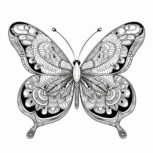 Intricate butterfly with mandala patterns on wings. Coloring book page