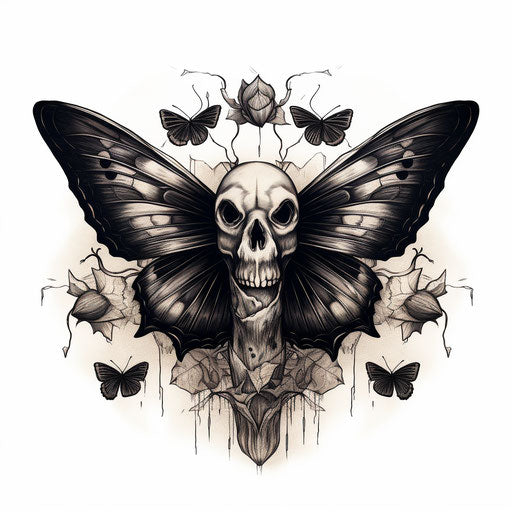 Moth tattoo with book skull, graphic style, bold design