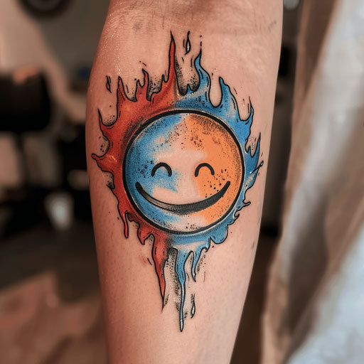 Fire and ice themed smiley face tattoo