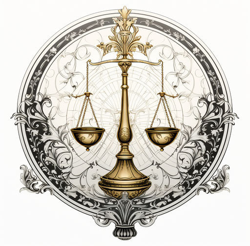 Justice scale in ornate circular design with black and white background
