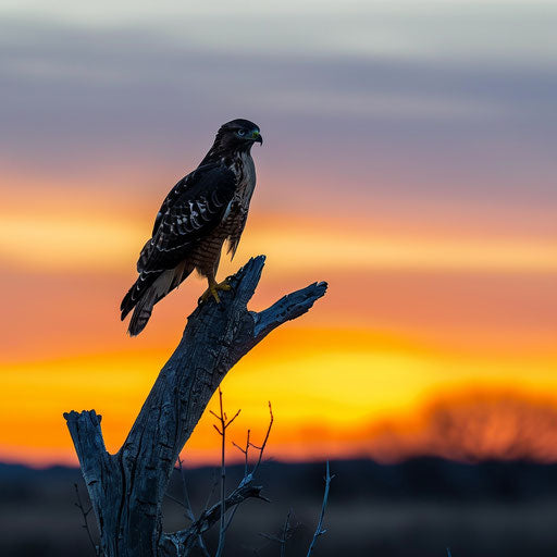Silhouette of a Swainson's hawk on barren tree, horizon ablaze with setting sun colors