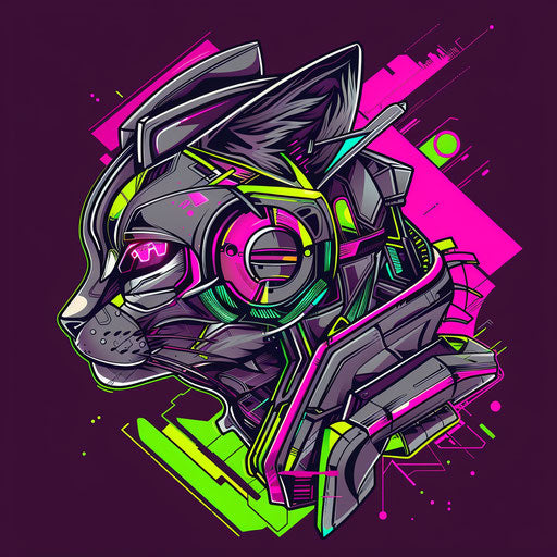 Futuristic sketch of a robotic cat in chrome and neon colors, flat design