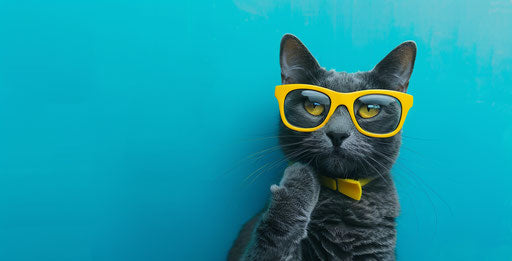 a cat on a blue background with yellow glasses