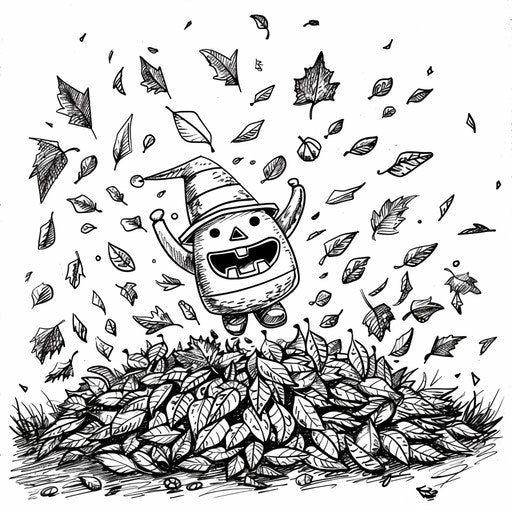 Candy corn character jumping in a pile of autumn leaves
