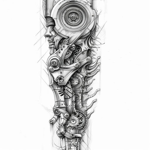 Tattoo sketch of biomechanical gears and circuits, full sleeve for men