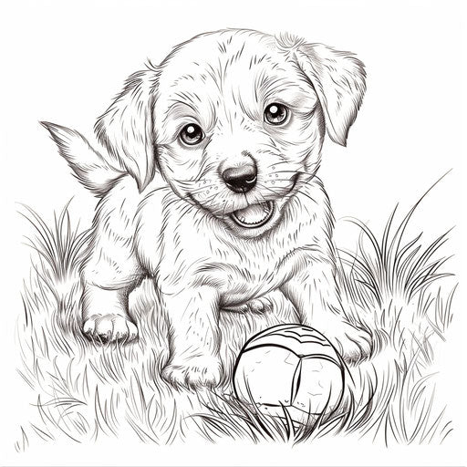 Playful puppy with a ball in a grassy yard