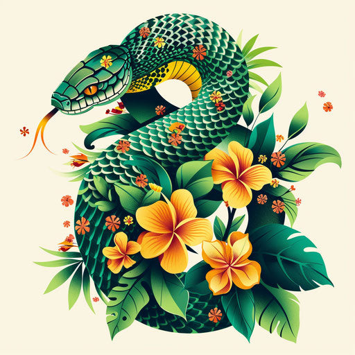 Exotic flat tattoo sketch of a tropical serpent, vibrant greens and yellows