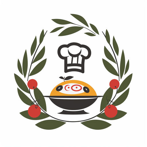 Italian restaurant logo with chef's hat on Italian dish, framed by olive branches