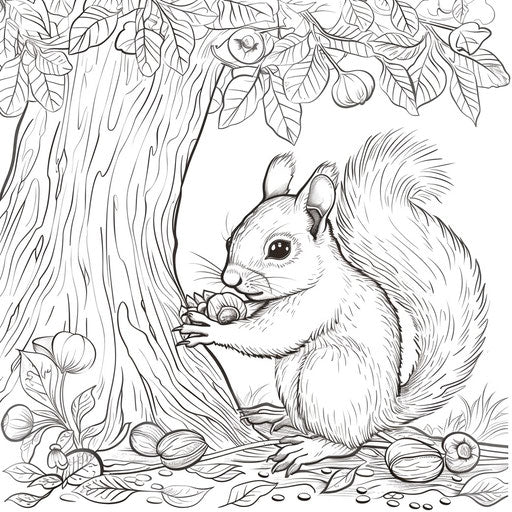 Cute squirrel collecting nuts under a large oak tree