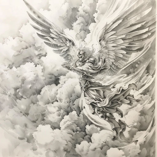Dynamic tattoo sketch of the angel of death soaring through clouds, in stormy grey tones