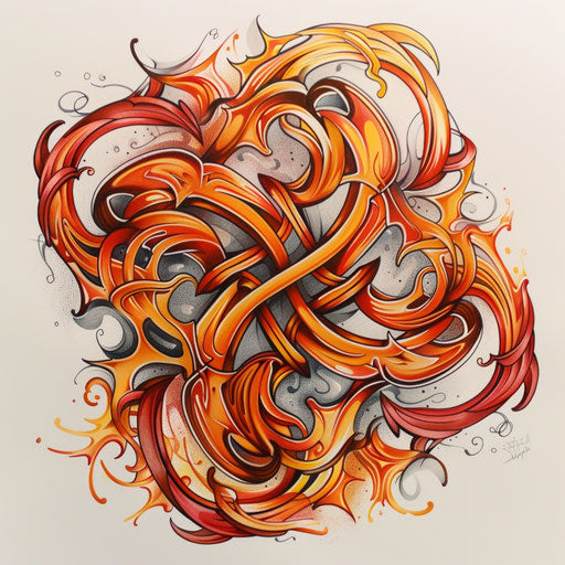 Celtic knot tattoo with fire theme featuring dynamic orange and red swirls, on white backdrop