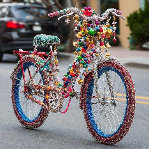 A bicycle decorated for a holiday parade, jingle bells ringing ...