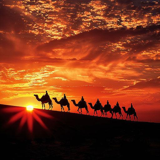 Camel caravan in the desert at sunrise