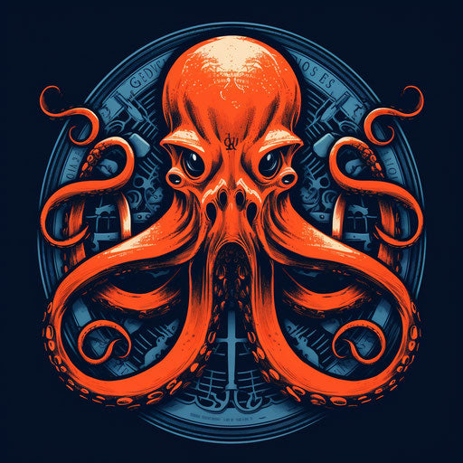 Orange and blue octopus logo, light navy and white style